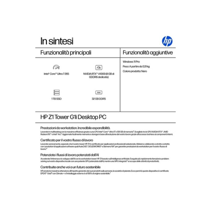 HP Z1 G1i - AI Workstation, AI PC - tower 1 x Core Ultra 7 265 / fino a 5.3 GHz (D48PTETABZ)