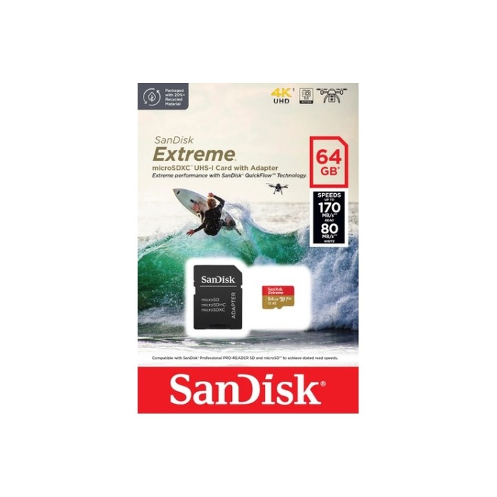 SanDisk Extreme - Scheda di memoria flash (adattatore da microSDXC a SD in dotaz (SDSQXAH-064G-GN6AA)
