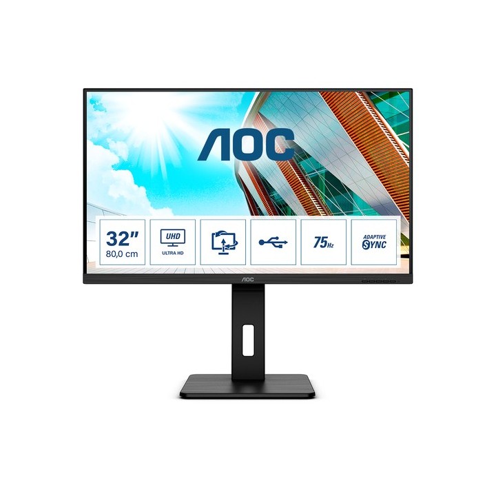 AOC U32P2 - Monitor a LED - 31.5" - 3840 x 2160 4K @ 60 Hz - VA - 350 cd/m² - 3000:1 - 4 ms - 2xHDMI, DisplayPort - altoparlant