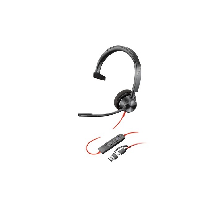 Poly Blackwire 3310 Monaural Microsoft Teams Certified USB-C Headset +USB-C/A Adapter - Replaces Poly SKU 214011-101