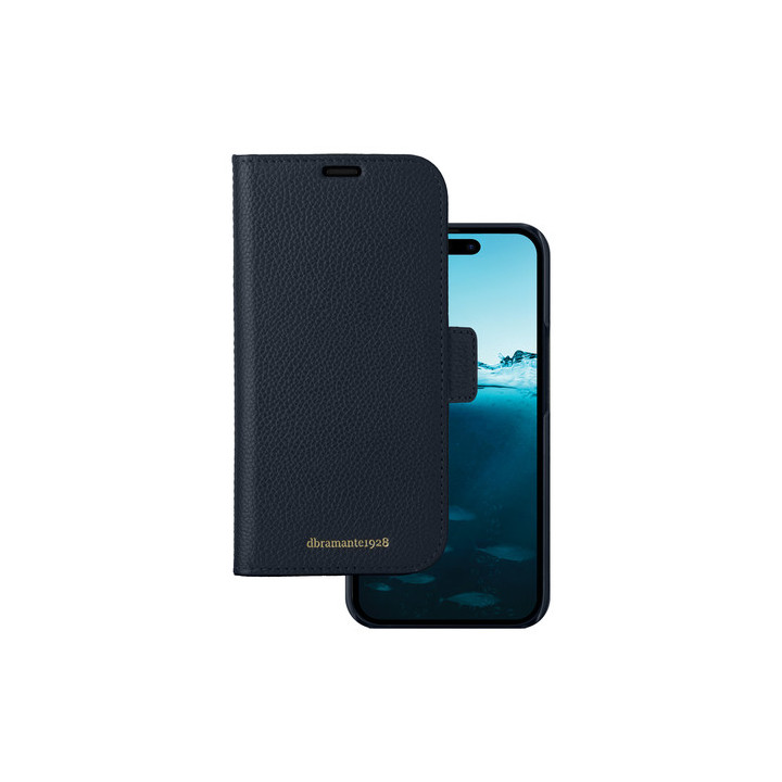dbramante1928 New York - Flip cover per cellulare - pelle zigrinata pieno fiore - blu Pacifico - per Apple iPhone 15 Pro Max